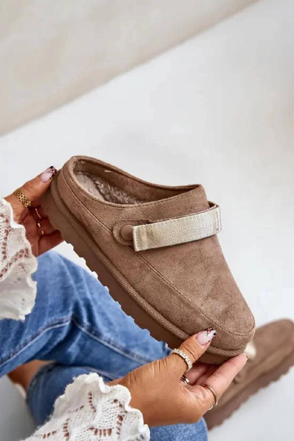 WOMENS FAUX SUEDE STRAPPY CLOGS SLIP ON MULES SLIPPERS
