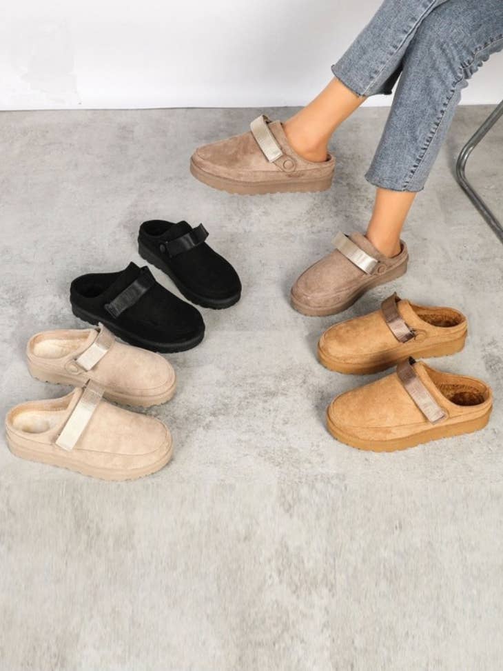 WOMENS FAUX SUEDE STRAPPY CLOGS SLIP ON MULES SLIPPERS